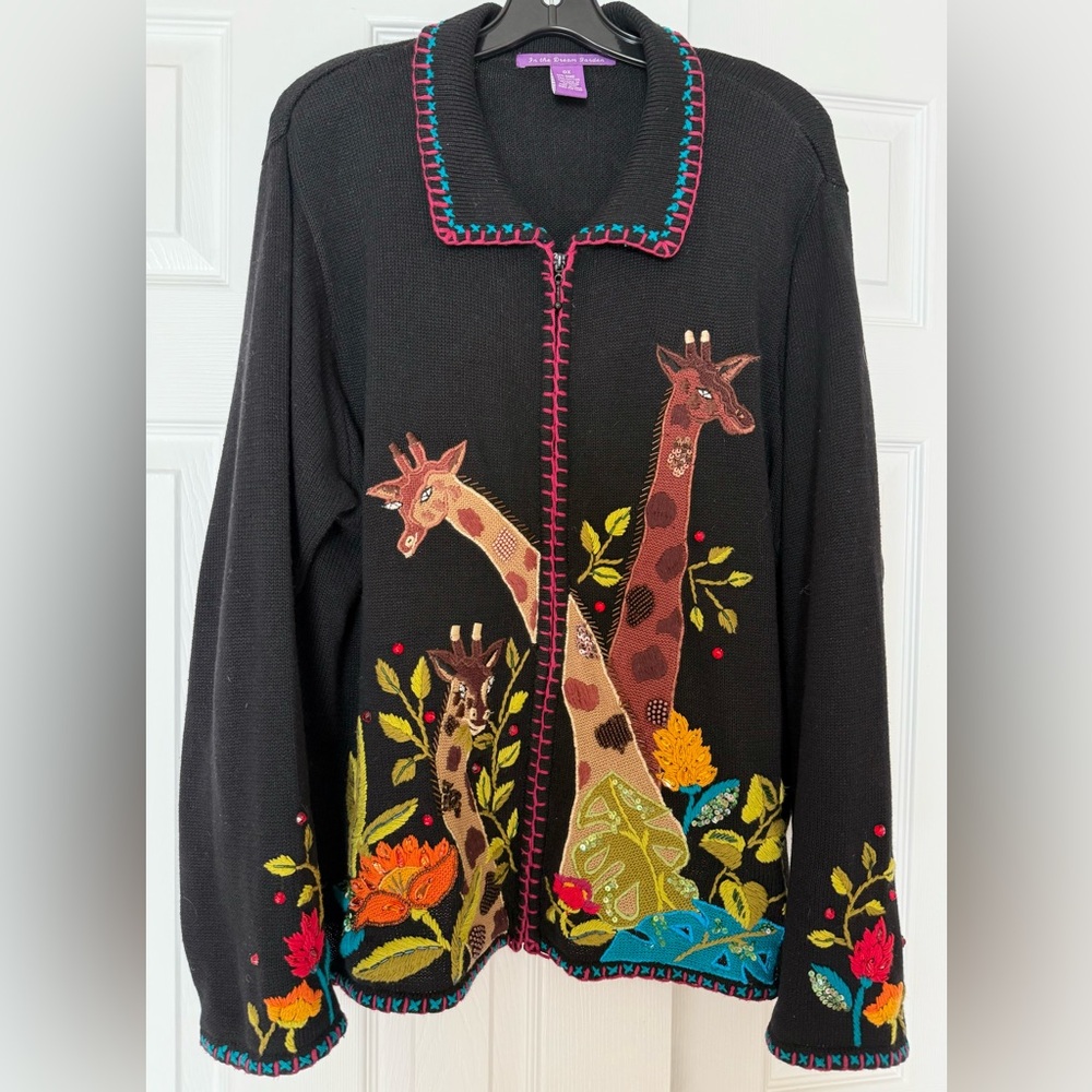 In The Dream Garden Vintage Sweater Jungle Giraffe Zippered Emproidered Beaded